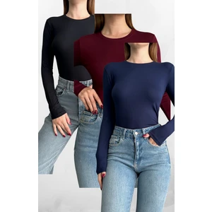 Siyah-Bordo-Lacivert 3'lü Bisiklet Yaka Basic Uzun Kollu Body Siyah-Lacivert-Bordo / Standart