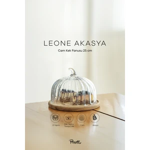 Leone Bal Kabağı Akasya Tabanlı Cam Kek Fanusu 25 cm Orta Boy