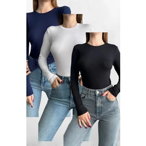 Siyah-Beyaz-Lacivert 3'lü Bisiklet Yaka Basic Uzun Kollu Body Siyah-Beyaz-Lacivert / Standart