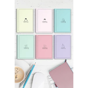 6'lı Set: (2* Çizgili-Çizgisiz-Kareli) Spiralli A5 Kalın Karton Kapak Pastel Serisi 96 Sayfa Defter