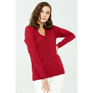 Desen Triko Kadın Likralı Basic Uzun Kollu V Yaka Hırka Koyu Kırmızı