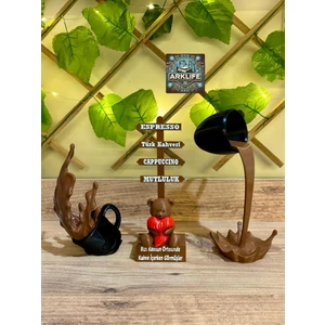 Kahve Köşesi Dekoru 3lü Set Özel Tasarım Ayıcıklı Tabela Siyah Kırılan ve Dökülen Kahve Fincanı Dekoratif Hediyelik