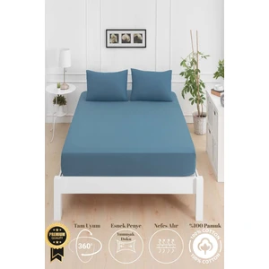 Mirava Premium %100 Pamuk Penye Lastikli Çift Kişilik Çarşaf Takımı (2 Yastık Kılıfı Dahil) Indigo 140X200CM