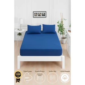 Mirava Premium %100 Pamuk Penye Lastikli Çift Kişilik Çarşaf Takımı (2 Yastık Kılıfı Dahil) Lacivert 140X200CM