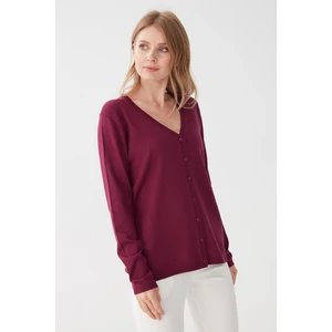 Desen Triko Kadın Likralı Basic Uzun Kollu V Yaka Hırka Mürdüm