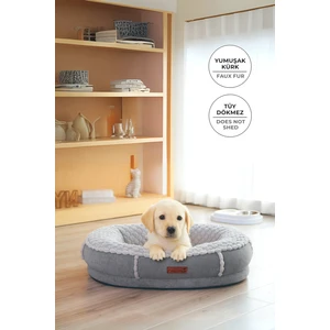Evlen Home Collection Kürk Peluş Kedi Köpek Evcil Hayvan Yatağı PatiChill Yıkanabilir Kaymaz Taban Simba Lüks Ortopedik Su Geçirmez Gri