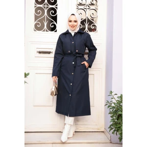 Düğmeli Lacivert Tesettür Trençkot 62131L