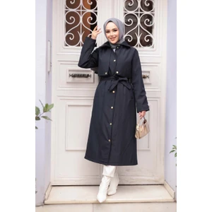 Düğmeli Koyu Lacivert Tesettür Trençkot 62131KL