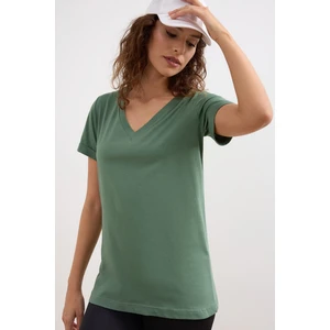 Yeşil Kadın V-Yaka Basic Tişört Örme Pamuk Penye T-Shirt