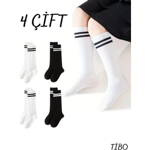 4 Çift Burun Dikişsiz Kız Çocuk Çizgili Dizaltı Kolej Çorap