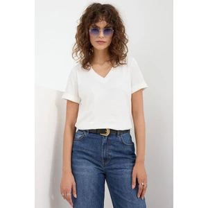 Krem Kadın V-Yaka Basic Tişört Örme Pamuk Penye T-Shirt