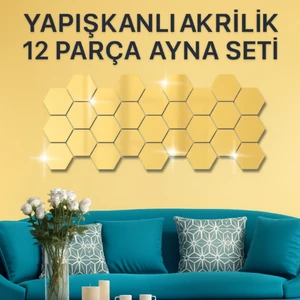 12'li Yapışkanlı Akrilik Ayna Seti | Altıgen Duvar Dekoru | Modern Dekoratif Ayna Panelleri