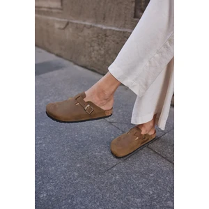 Oslo Hakiki Deri Mantar Taban Ortopedik Unisex Terlik