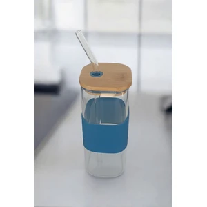 Bambu Kapaklı Kare Cam Pipetli Kupa 400 ml | Mavi