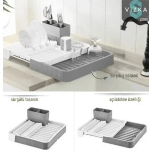 Sürgülü Bulaşık Kurutma Sepeti , Açılır Kapanır Plastik Bulaşıklık /GRİ 