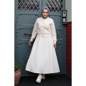 Düğmeli Ekru Tesettür Etekli Ikili Takım 12261E