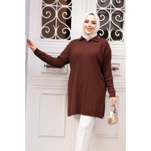 Fitilli Koyu Kahverengi Tesettür Triko Tunik 65903KKH