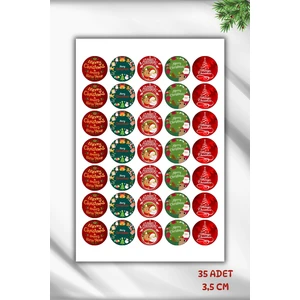 35 Adet 3,5 cm Yılbaşı Temalı Etiket, Yapışkanlı Sticker, Hediye Paketi Etiketi
