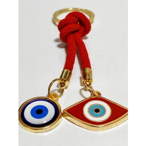 Kırmızı ve Mavi Nazar Boncuklu Sarı Metalli Kırmızı Ipli Anahtarlık