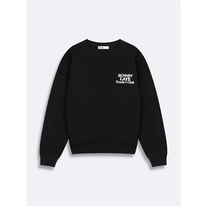 Sıfır Yaka Sloganlı Uzun Kollu Basıc Siyah Sweatshırt