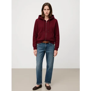 Uzun Kollu Kapüşonlu Önü Fermuarlı Kırmızı Sweatshırt