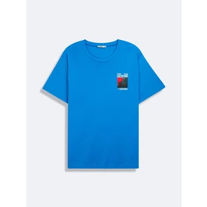 Kısa Kollu Sıfır Yaka Sloganlı Baskılı Mavi T-Shırt