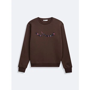 Sıgn Baskılı Sıfır Yaka Uzun Kollu Kahve Rengi Sweatshırt