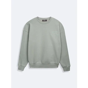 Sıfır Yaka Sloganlı Uzun Kollu Basıc Yeşil Sweatshırt