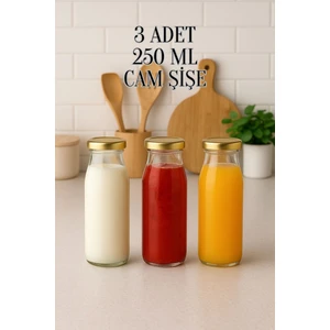 3 Adet 250 ml Beslenme Şeffaf Meyve Suyu, Meşrubat, Limonata Şişesi Metal Kapaklı 250 cc Şişe
