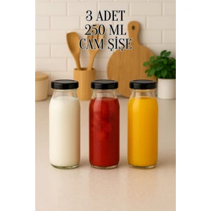 3 Adet 250 ml Beslenme Şeffaf Meyve Suyu, Meşrubat, Limonata Şişesi Metal Kapaklı 250 cc Şişe