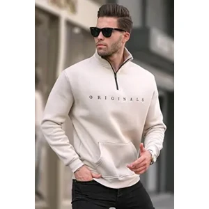 Bej Fermuar Yaka Nakışlı Sweatshirt 6028