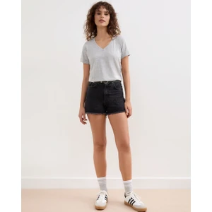 Gri Kadın V-Yaka Basic Tişört Örme Pamuk Penye T-Shirt