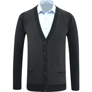 Erkek Düğmeli Hırka Cepli Desenli Çelik Örgü Klasik Kalıp - 5212M