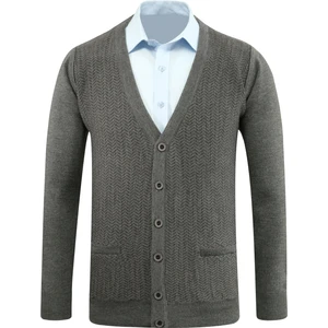 Erkek Düğmeli Hırka Cepli Desenli Çelik Örgü Klasik Kalıp - 5212M