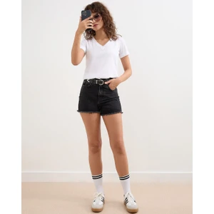 Krem Kadın V-Yaka Basic Tişört Örme Pamuk Penye T-Shirt