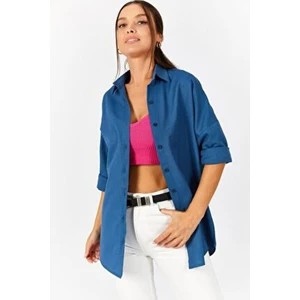 Kadın Lacivert Oversize Uzun Basic Gömlek ARM-22Y001118