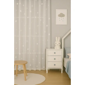 Beyaz Yıldızlı Tül Perde, Unısex Çocuk Odası, Sık Pile, Düz, Sade, Tül Perde, Kornişli, Beyaz