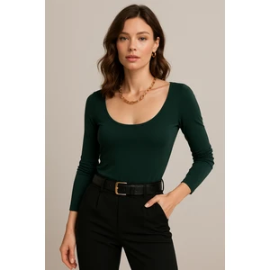 Kadın Koyu Yeşil U Yaka Uzun Kollu Bluz