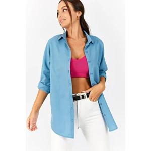 Kadın Buzmavi Oversize Uzun Basic Gömlek ARM-22Y001118