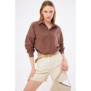 Kadın Kahve Oversize Uzun Basic Gömlek ARM-22Y001118
