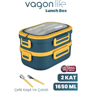 1650 ml Iki Kat Üç Bölme Paslanmaz Çelik Lunch Box Yeni Nesil Sefer Tası - Kaşık ve Çatallı -6715