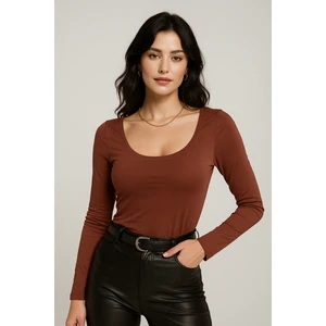 Kadın Bordo U Yaka Uzun Kollu Bluz