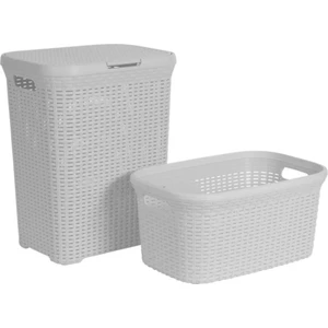 2'li Set Hasır Desenli Plastik Beyaz Çamaşır Sepeti & Beyaz Çamaşır Selesi