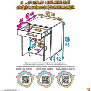 Modilayn Qplas (M) Set Ocak Altı Dolap 60X88X48 cm Çekmeceli, Kapaklı 2 Göz Raf Bölmeli