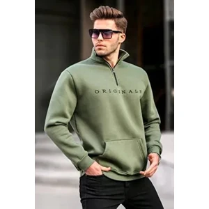 Haki Fermuar Yaka Nakışlı Sweatshirt 6028
