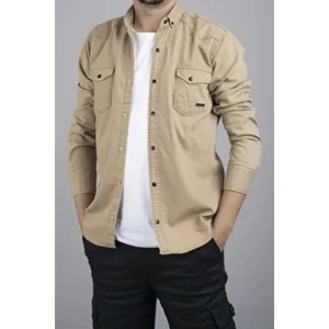 Slim Fit Erkek Kot Gömlek Bej