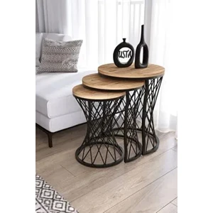 Hasır Telli Model Statik Zigon Sehpa Antik Çam Ahşap Tabla