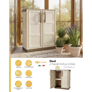 Via Gardenia Steel Kahve Fil Dişi Iki Kapaklı Yarım Boy Plastik Bahçe Dolabı 70 x 39 x 85 cm