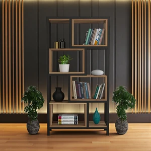 Oykotra Serisi Kitaplık 4 Büyük Raflı 80  cm  Ceviz Desen Siyah Metal Ayak Kitaplık