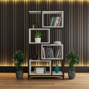Oykotra Serisi Kitaplık 4 Büyük Raflı 80  cm  Ceviz Desen Siyah Metal Ayak Kitaplık